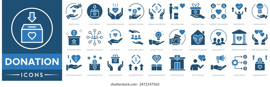 Donation icon set. Charity Giving, Donation Box, Philanthropic Support, Generosity Gesture, Financial Contribution, Volunteer Work and Charitable Giving