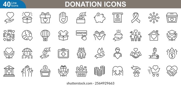 Donation icon set. Charity, giving, compassion, philanthropy, support, fundraising help, kindness and more symbol. Simple line vector illustration.