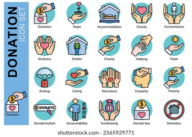 Donation icon set. colored outline icon style. icon related to charity. kindness, donate box, humanitarian, and more. donation and charity element vector illustration