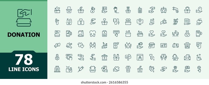 Donation icon set. Contains such icons as volunteer, cooperation, foundation, help and more. Charity vector line icon set. Thin line icons set. Minimalist editable vector art.