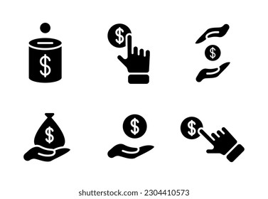 Donation icon set. The set includes a donation box, cash donation, a click on the donation icon and much more.