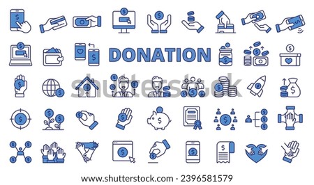 Donation icon set line design blue. Money, Charity, Charitable, Fundraising, Philanthropy, Volunteer, Giving, Support vector illustrations. Donation editable stroke icons