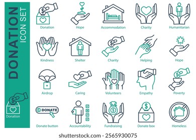 Donation icon set. line icon style. icon related to charity. kindness, donate box, humanitarian, and more. donation and charity element vector illustration