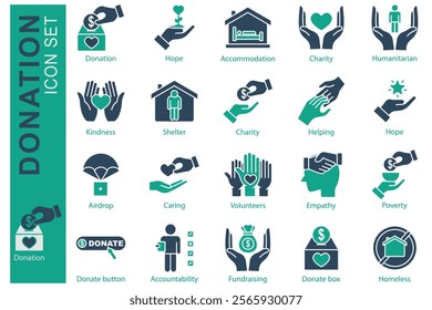 Donation icon set. solid icon style. icon related to charity. kindness, donate box, humanitarian, and more. donation and charity element vector illustration