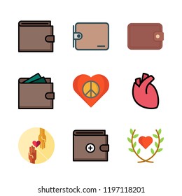 donation icon set. vector set about charity, heart and wallet icons set.
