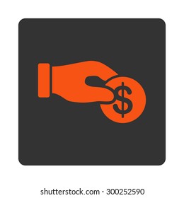 Donation icon. This flat rounded square button uses orange and gray colors and isolated on a white background.
