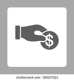 Donation icon. This flat rounded square button uses dark gray and white colors and isolated on a silver background.