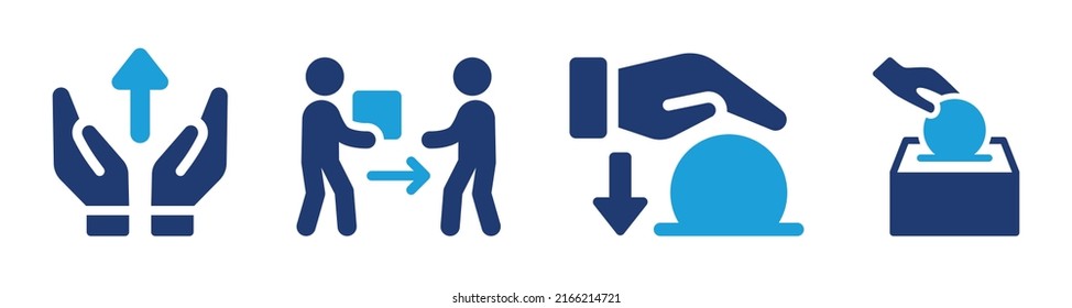 Donation icon vector set. Hand gibing money to charity, donate coin concept.