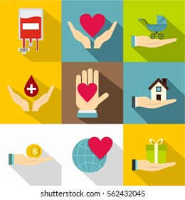 Donation icons set. Flat illustration of 9 donation vector icons for web