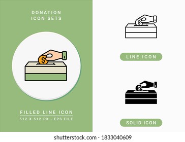 Spendersymbole setzen Vektorgrafik mit fester Symbollinie Stil. Gemeinschaftskonzept zur Unterstützung der Gemeinschaftshilfe Bearbeitbares Strichsymbol auf isoliertem Hintergrund für Web-Design, Infografik und UI Mobile App.
