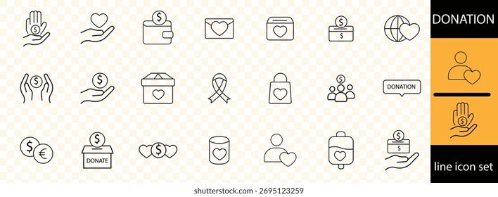 donation icons for web and mobile app. Help, caring, solidarity, alms, donate, volunteer, care, charity and more