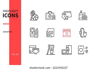 Donation Items - modern line design style icons set on white background. Collection of sports equipment, medicines and pills, underwear, personal hygiene items, household appliances and furniture