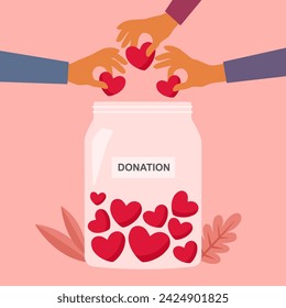 Donation jar collecting heart symbols with a giving hand. Charity help campaign for social awareness. Generous community people.