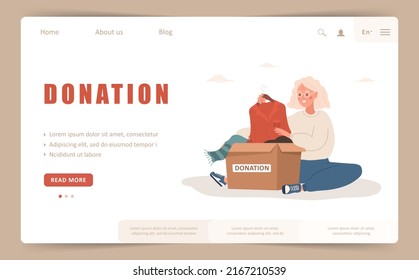 Donation landing page template. Elderly woman putting old used clothes ready to be shared or recycled to cardboard box. Volunteering and social care concept. Vector illustration in flat cartoon style.