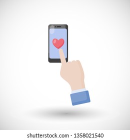 Donation or like vector flat icon Smarphone with heart and hand Vector illustration flat design Isolated on white background