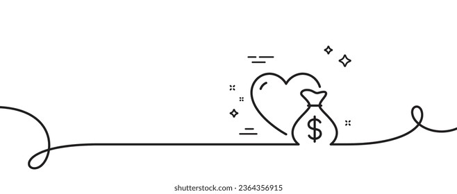 Donation line icon. Continuous one line with curl. Money charity sign. Health insurance symbol. Donation single outline ribbon. Loop curve pattern. Vector