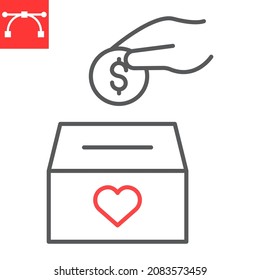 Icono de línea de donación, caja de donaciones y voluntariado, Icono de vector de colocación de mano, gráficos vectoriales, símbolo de contorno de trazo editable, eps 10.