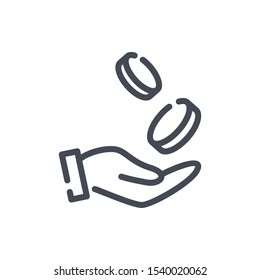 Donation line icon. Hand with falling coins vector outline sign.