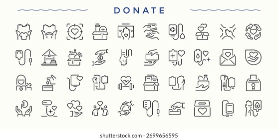 Donation line icon set. Assist icon pack. Contains related to cooperation, humanitarian, assist, giving, charity, volunteer and more. Editable vector art and illustration.