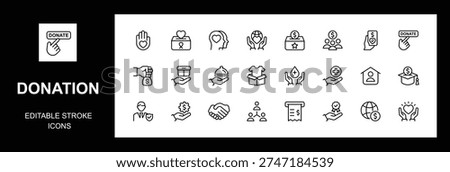 Donation Line icon set. Contain icons related to Donation, charity, support, humanitarian aid, helping, donating, compassion, funding, and more. Editable stroke, Vector illustration