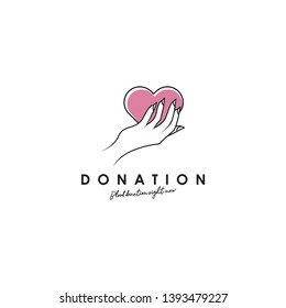 Donation logo design, template, vector. Holding hand giving donation. Female hand gestures donate logo template