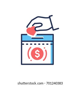 Donation - modern vector single line design icon. An image of a container for monetary donation, heart, dollar sign, red and blue colors. Charity symbol of hand putting money into the box.