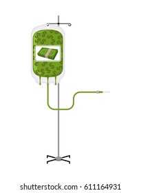 Donation Money Bag On Drip Stand. Transfusion Of Cash Finances. Business Illustration
