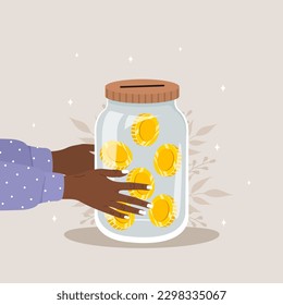 Donation money concept. African female hands holding glass jar full of gold coins. International charity day. Fundraising Concept. Vector cartoon illustration. Volunteering and social care.