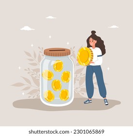 Donation money concept. Cute woman with glass jar full of gold coins. International charity day. Fundraising Concept. Vector cartoon illustration. Volunteering and social care.