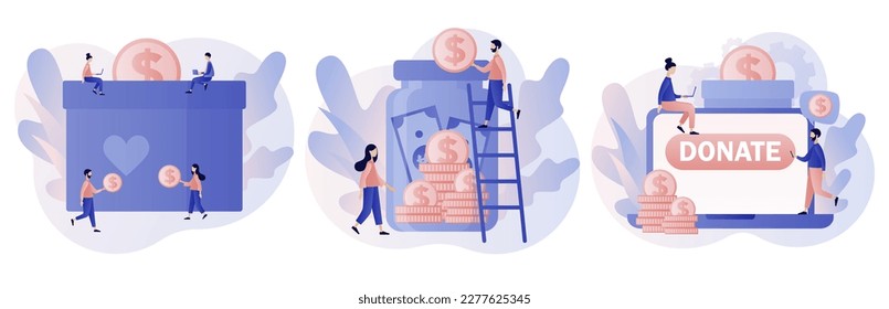 Donation money. Tiny people donating money. Volunteers putting coins in donation box, jar. Online charity, financial support concept. Modern flat cartoon style. Vector illustration on white background