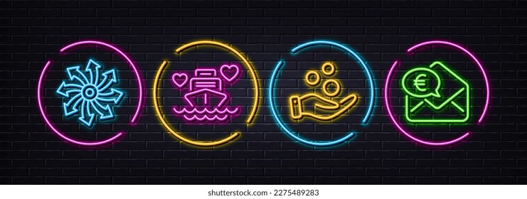 Spende Geld, Versatile und Honeymoon Kreuzfahrt minimale Linie Symbole. Neon Laser 3D-Lichter. Symbole für Euro-Geld. Für Web, Anwendung, Druck. Multifunction, Romantischer Kreuzfahrer, Bargeld erhalten. Vektorgrafik