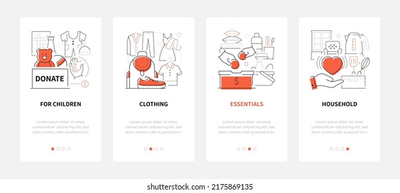 Donation to the needy - line design style banners set with place for text. Illustration with toys and clothes for children, money, hygiene products and basic food, household and utensils. Charity idea