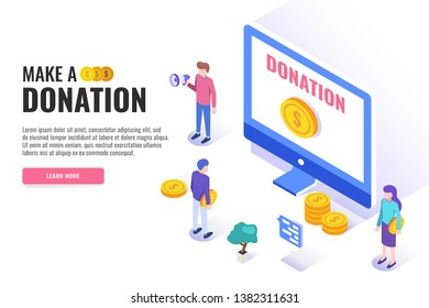 Donation online concept. Computer with a coin on the screen. Users are holding coins. Web banner, infographics. Isometric vector illustration.