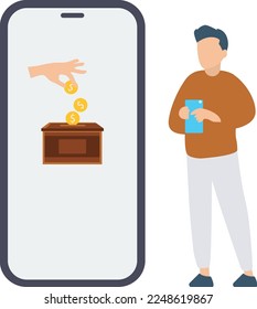 Donation online with hand, illustration concept for charity online service, Charity donation online concept. Woman put golden coin in smartphone and hand holding credit card for donating money by onli