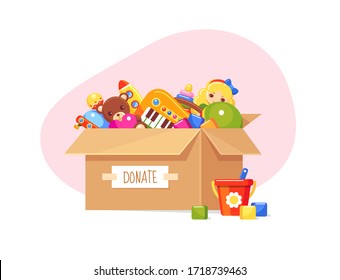 Donation Paper Box With Children's Toys. Doll, Bear, Toy Blocks, Bucket, Ball And Musical Piano Set. Vector Charity Concept Illustration