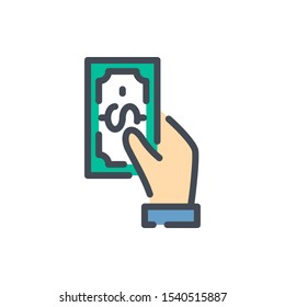 Donation, payment and charity color line icon. Hand holding a dollar money note vector outline colorful sign.