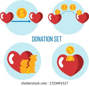 Donation payment concept. Coins and red heart composition. Charity and help fundraising cute vector illustration in flat style. 