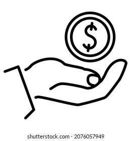 Donación, pago, contribución. Moneda con un símbolo de dólar sobre la palma abierta. Ahorro de dinero. Icono del vector, contorno, aislado. Trazo editable.