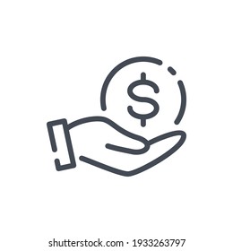 Donation and payment line icon. Hand with dollar coin vector outline sign.