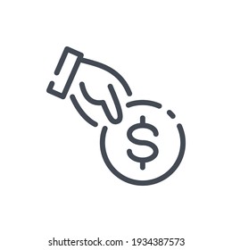 Icono de línea de donación y pago. Signo de contorno vectorial de moneda de mano en dólares.