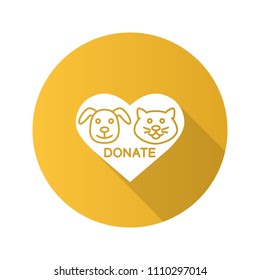 Donation for pets flat design long shadow glyph icon. Animals welfare. Heart with cat and dog snouts inside. Vector silhouette illustration