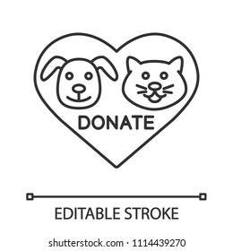 Donation for pets linear icon. Animals welfare. Thin line illustration. Heart with cat and dog snouts inside. Contour symbol. Vector isolated outline drawing. Editable stroke