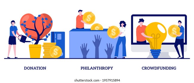 Donation, philanthropy, crowdfunding concept with tiny people. Fundraising abstract vector illustration set. Crowdsourcing, raise money in internet, financial support and charity project metaphor.