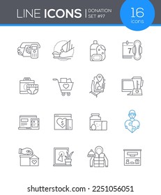 Donation and philanthropy - line design style icons set on white background with editable stroke. Personal hygiene items, grocery basket, volunteer support, financial assistance, clothes and equipment