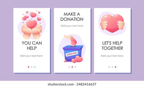 Donation Poster Set. Vector template for mobile app, banners. Hands with hearts, donation box. You can help, make a donation, let's help together