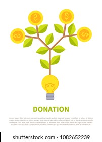 Donation promotional emblem with money on tree grown from light bulb. Conceptual label about how to get investment idea vector illustration isolated