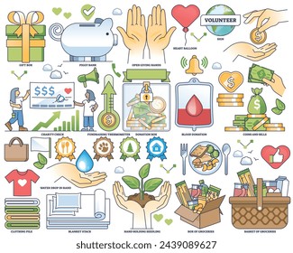 Donation related elements for financial and humanitarian collection set. Labeled social charity items with solidarity to poor social group vector illustration. Fundraising campaign for help awareness