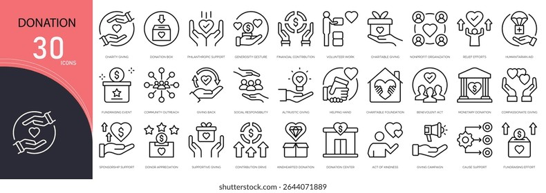 Donation related icon collections. Containing charity, giving, heart, hand, box, help, fund, support, nonprofit, and contribution icons.  Outline icons.