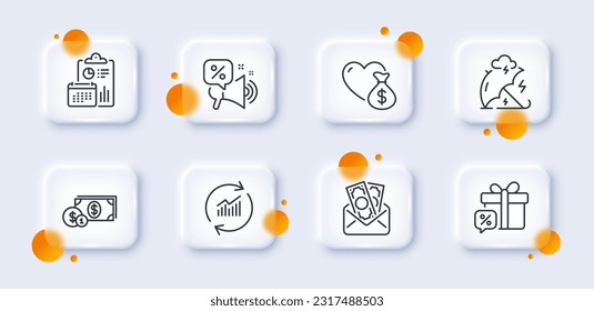 Donation, Sale gift and Dollar money line icons pack. 3d glass buttons with blurred circles. Stress protection, Bribe, Discounts offer web icon. Update data, Report pictogram. Vector