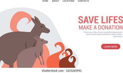 Donation for saving kangaroo population in Australian fire. Template for charity campaign website. Vector illustration.